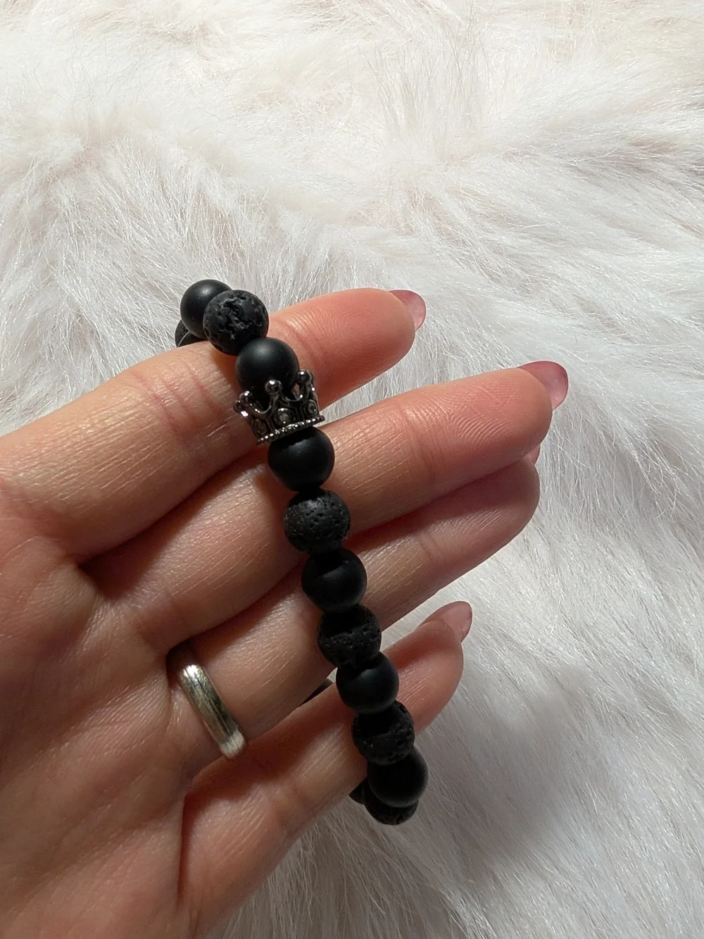 Men's Black Beaded Bracelet with Silver Accent‎